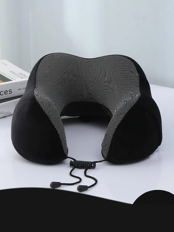 1pc Plain U-shaped Pillow, Simple Flannelette Travel Pillow For Travel Black