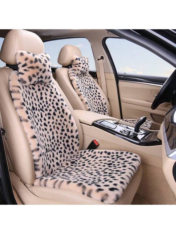 1pc Leopard Print Plush Car Seat Cushion - Cozy, Warm, And Comfortable For Autumn And Winter, Universal Fit Car Seat Cover Beige